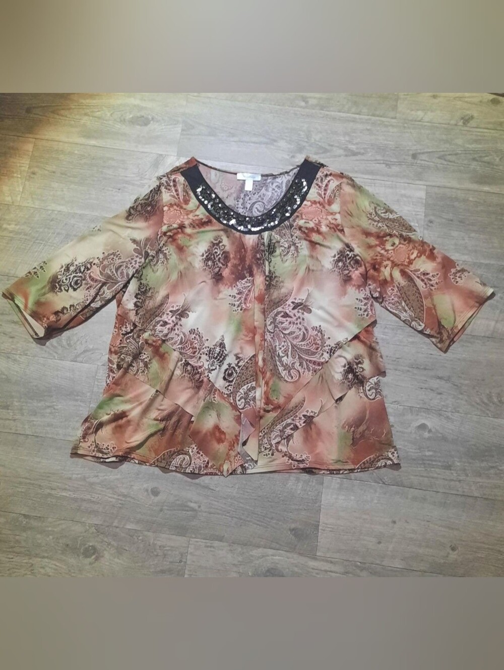 Dressbarn Paisley Ruffle Blouse with Sequined Scoop Neck - Brown Green